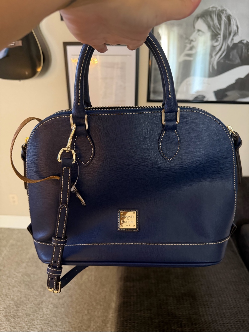 Dooney & Bourke Navy Leather Dome Satchel with Gold Hardware